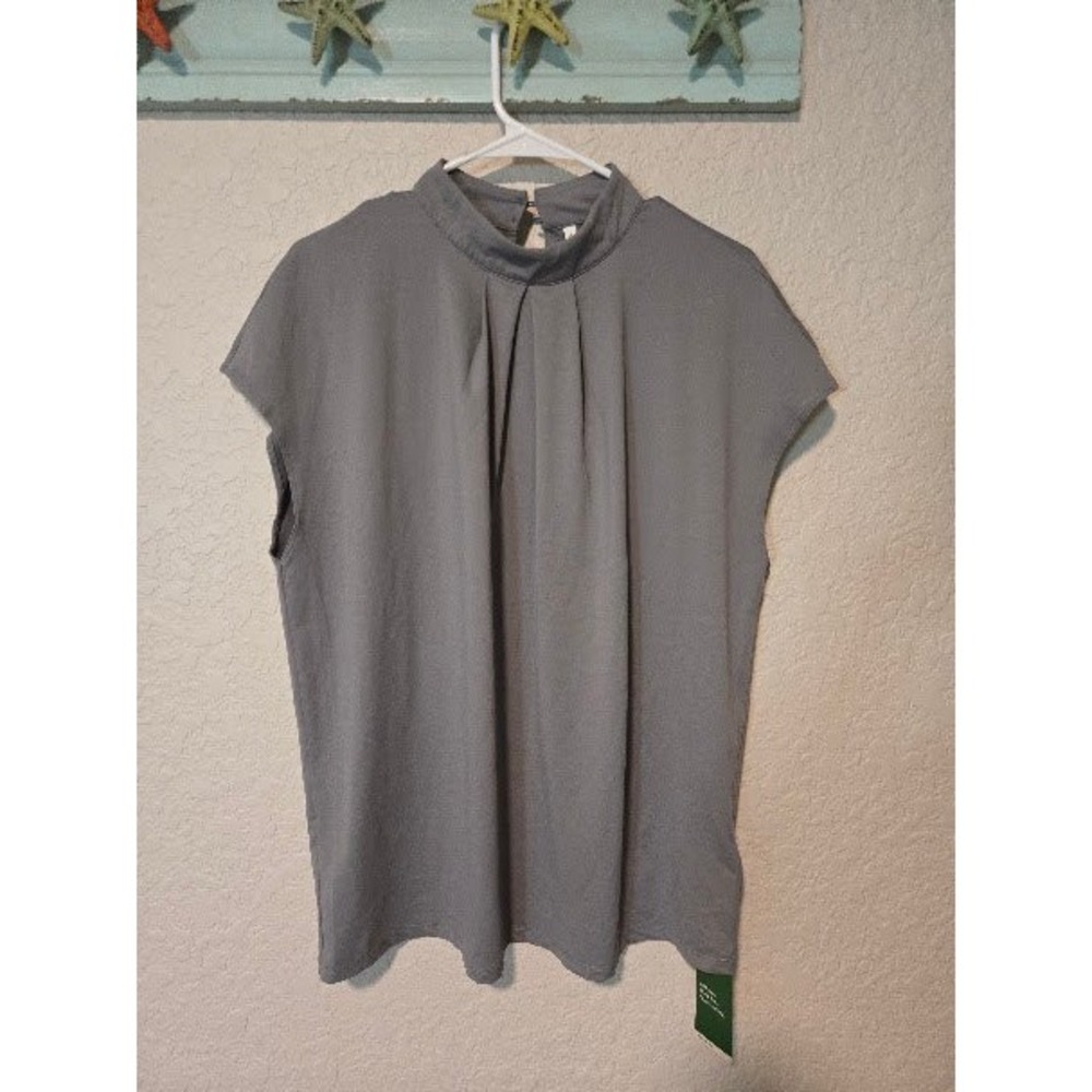 Halara Gray Mock Neck Pleated Sleeveless Blouse Top Large NWT